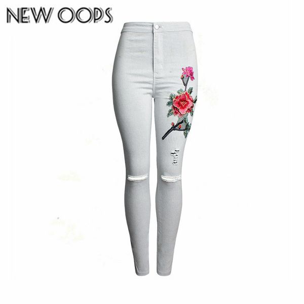 

new oops 2018 new arrival women 3d three-dimensional embroidery slim feet pants knee wear broken pencil pants female, Blue
