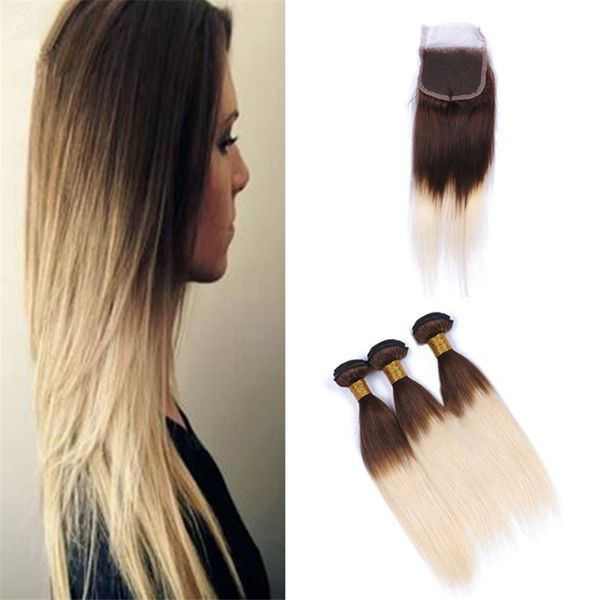 2019 Light Brown To Blonde Ombre Straight Bundles With Closure