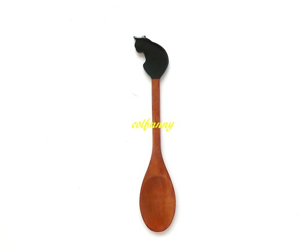 

100pcs/lot 21x3cm lovely cat shape wooden spoon ice tea wood spoon cake coffee cream spoon tableware