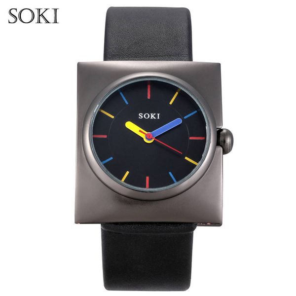 

soki black leather quartz watch lady watches women antique stylish square dress 2018, Slivery;brown