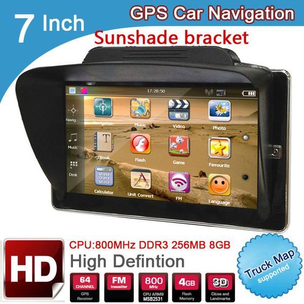 

7 inch truck ddr 256m 8gb 800*480 mtk ce6.0 gps navigation with wireless rear view camera and sunshade