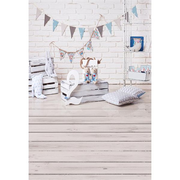 Baby Kids 2nd Birthday Party Backdrop Indoor White Brick Wall Bandiere stampate Scatole di legno Giocattoli Bambini Foto Sfondo Pavimento in legno