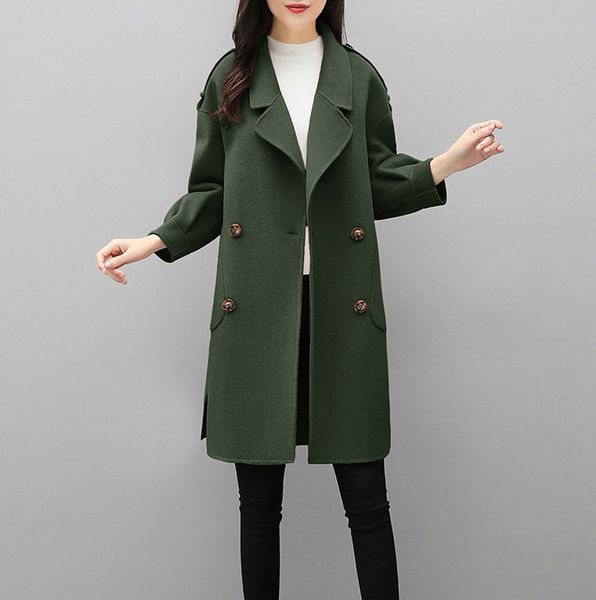 

2018 autumn winter women long jacket casual button ladies wool blends parka slim cardigan coat overcoat outwear, Black