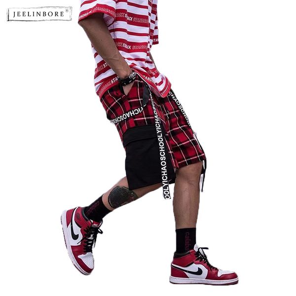 

jeelinbore 2018 summer men's multi-pocket casual shorts ribbon high street fashion cotton hip hop plus size, White;black