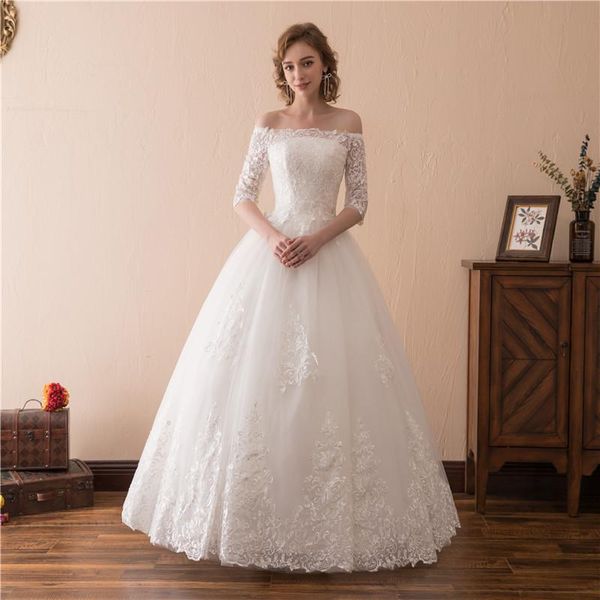 Discount A Line Off The Shoulder 2018 Wedding Dresses Robe De Mariée Simple Strapless Lace Appliqued Half Sleeves Bridal Gowns Wedding Dresses Cheap