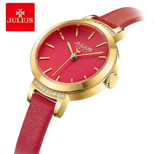 

julius crystal small dial ladies watches red thin leather stra women quartz wristwatch female bracelet watch, Slivery;brown