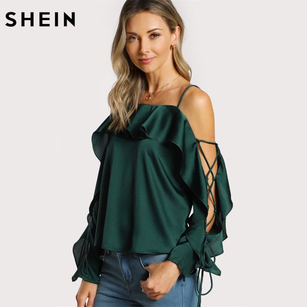 

wholesale-shein lace up sleeve flounce trim woman blouses 2017 autumn green spaghetti strap ruffle long sleeve party blouse, White