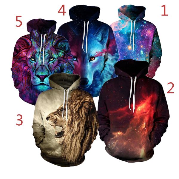 Felpe con cappuccio 3D Felpe casual da uomo Felpe con cappuccio Space Galaxy Wolf lion Print Felpa con cappuccio universo Starry Sky Graphic Pullover unisex di niubility