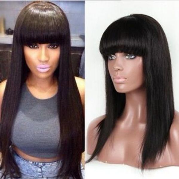 

full wig brazilian pure-human hair-classic cap-wigs with bangs for black women-, Black;brown