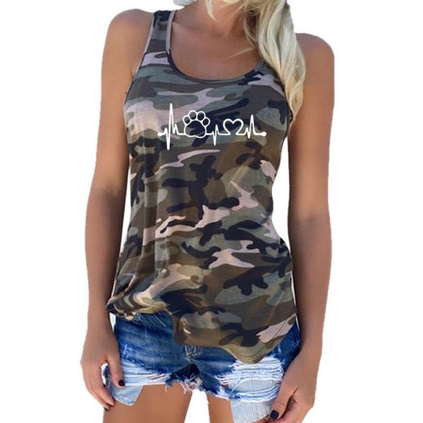 

2018 new fashion camouflage dog paw print t-shirt femme cropped sleeveless cute t shirt for women, White