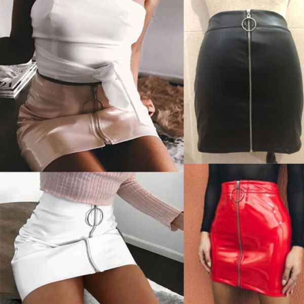 

fashion women high waist pu leather mini skirt high street style white black skirt