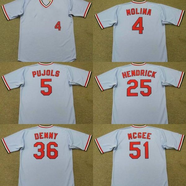 

men 4 yadier molina 5 albert pujols 25 george hendrick 36 john denny 51 willie mcgee 1980's baseball jersey, Blue;black