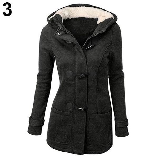 

women fashion winter jacket coat parka horn buttons casual thick hooded outwear, Black