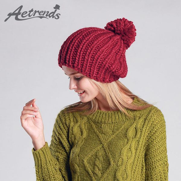 

aetrends] fashion women winter cap beanie hats for women knitting beanies pompom z-3098, Blue;gray