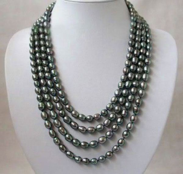 

long 100 '' 8-9mm natural rice black akoya cultured pearl necklace, Silver