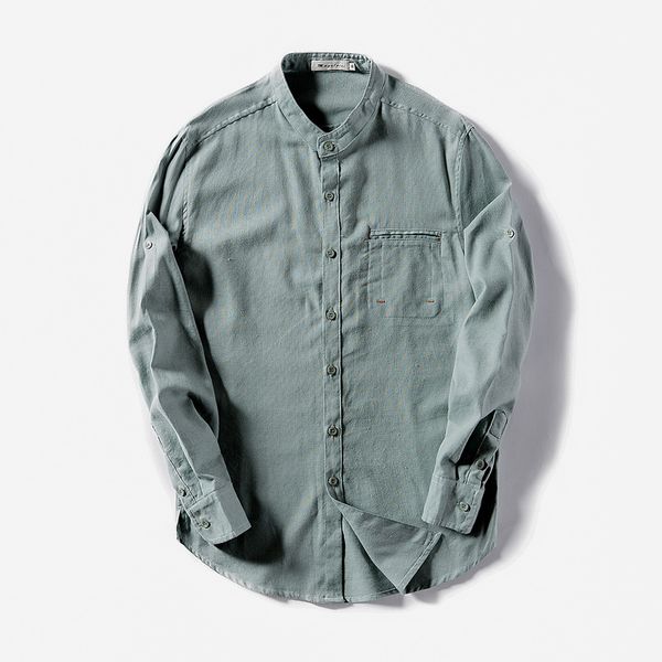 

new arrival dark green linen and cotton shirt men long sleeve solid mens shirt -4xl stand collar fashion shirts male chemise, White;black