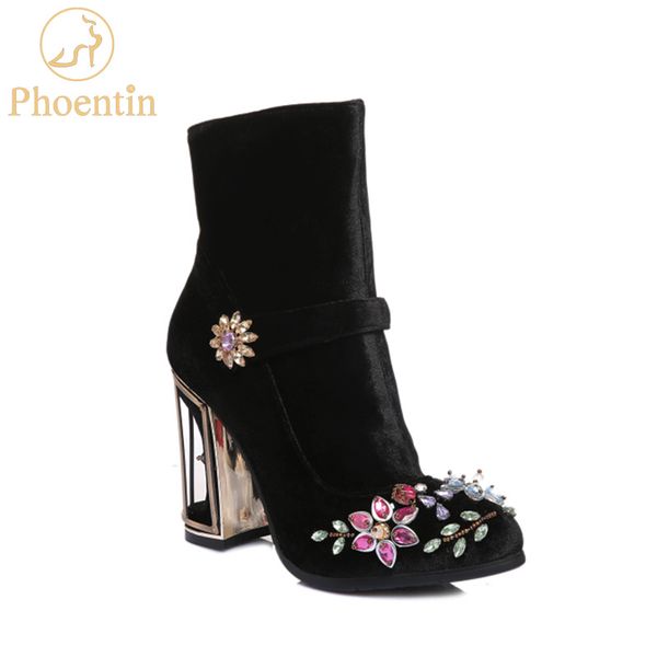 Schuhe Samt Schwarz FT466 Phoentin Vogelkäfig Damen Heels Strass Stiefeletten Blume Für Retro Reißverschluss Hochzeit High Großhandel Frauen Stiefel AjRqcL354