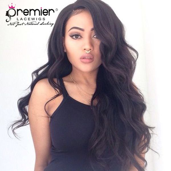 

premier 4.5inches deep lace part glueless lace front wigs brazilian remy human hair natural wave 150% density lace wig for american, Black;brown