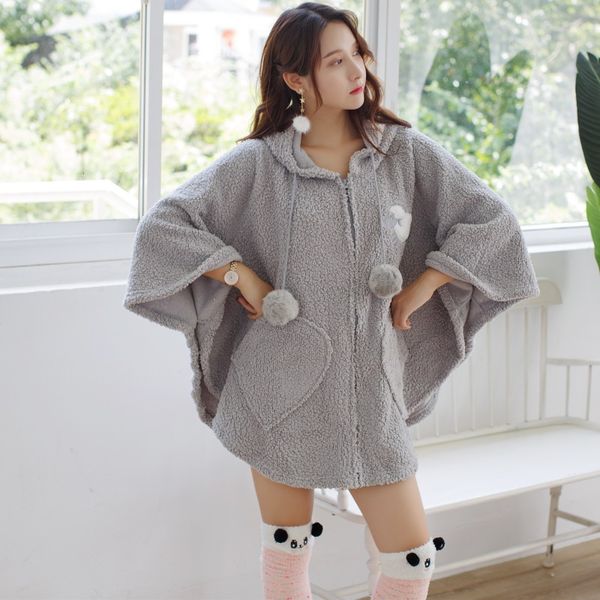 

flannel plush hooded women's cape bathgown thick warm shawls home clothes 2018 winter autumn home clothes female with socks gray, Black;red