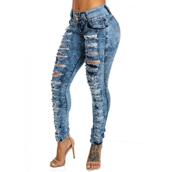 

2018 skinny women high waist jeans holes ripped hip up long pencil pants light blue