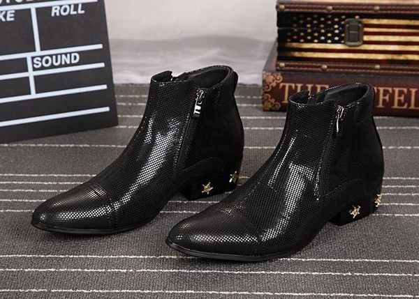 NOVA 2018 Ankle Boots do Estilo Italiano Homem Preto Apontou Toe Com Zíper Simples Elegent Homens Botas Estrelas Decoração, EU38-46!
