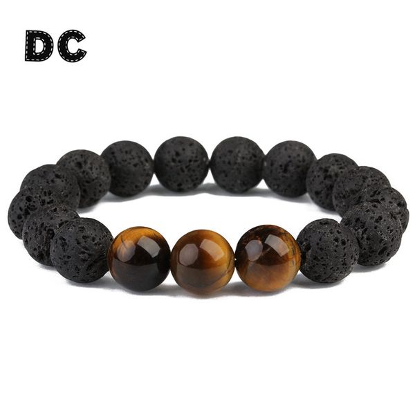 

wholesale- dc vintage round big black 12mm lava stone tiger eye beads charm bracelet for boy men male beaded yoga jewelry gifts pulsera, Golden;silver