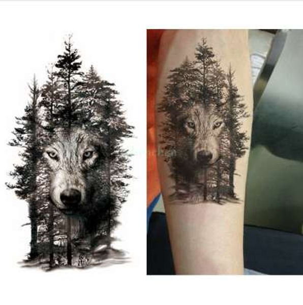 Wasserdichter temporärer Tattoo-Aufkleber, Wolf, Wald, Tier, Baum, Tattoo-Aufkleber, Flash-Tattoo, gefälschte Tattoos für Frauen, Männer, Arm-Tattoos