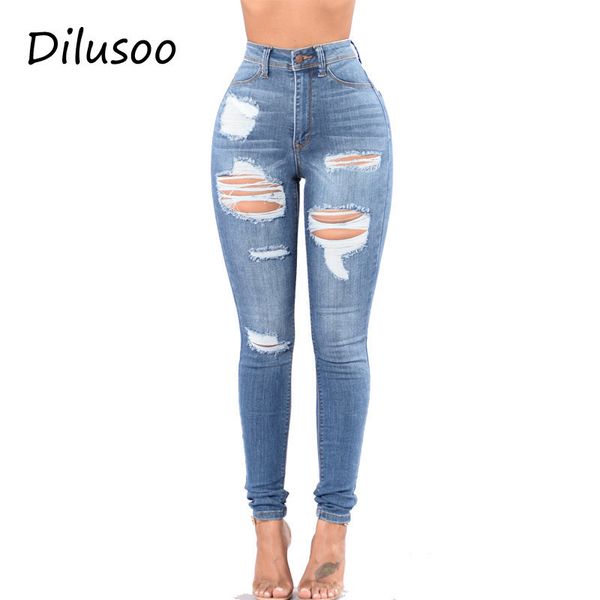 

dilusoo women high waist jeans pants elastic holes denim jeans 4 season pencil pants ripped women's casual trousers 2018, Blue