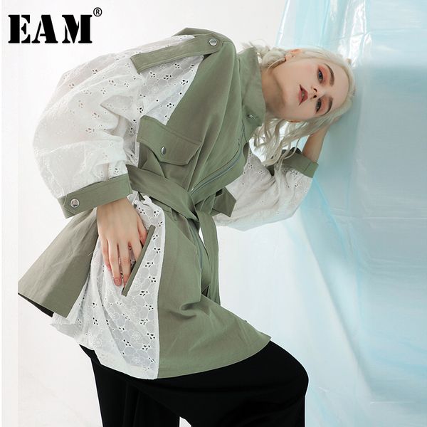 

eam] 2018 new autumn winter stand collar long sleeve back lace split joint large size jacket women coat fashion tidejk291, Tan;black
