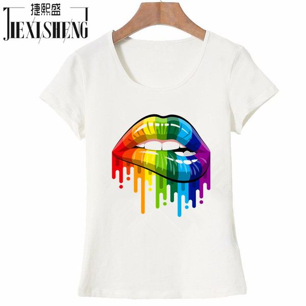 

new women summer tees color lips painted t shirt cotton short sleeve brand fashion round neck tshirt hh240, White
