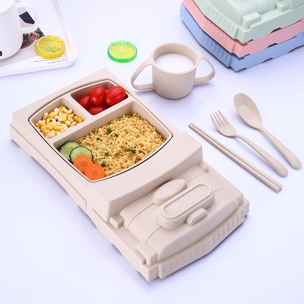 

5 pcs creative bamboo fiber baby train shape dinnerware plate tray cartoon shatter-resistant cute cup lunch box children's bowl
