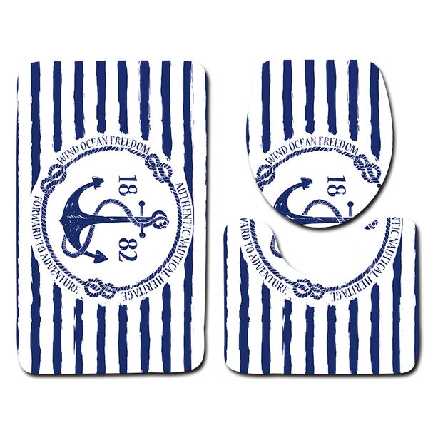 

3pcs plastic bathroom mat sets foam bathroom floor mat blue and white stripes anchor pattern carpet non slip