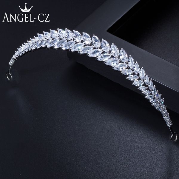 

angelcz classic bridal hair accessories for women marquise cz wedding crown tiara leaf headdress white golden head jewelry ah002, Golden;white