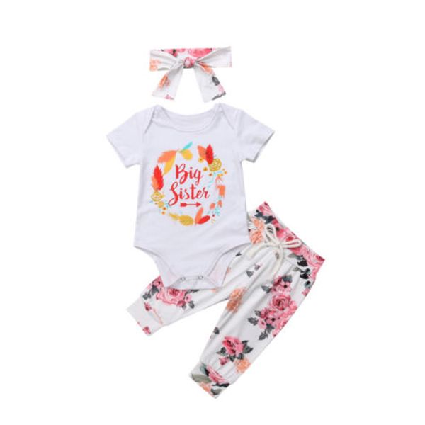 

0-24m newborn infant kid baby girl cotton short sleeve romper flowers long pants headband 3pcs set outfits baby clothes, White