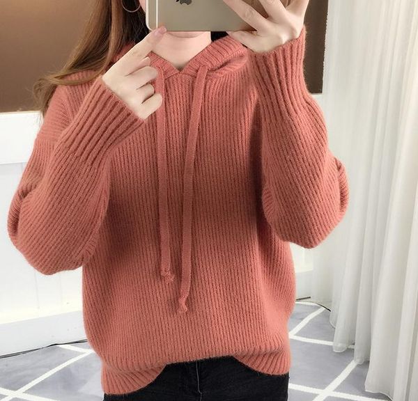 

send women new fashion knitted hooded loose and comfortable set head sweater for spring 2018, White;black