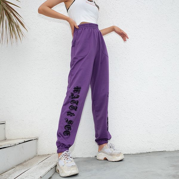 

women autumn sweatpants purple high waist print casual leisure ankle banded pants sports trousers p2829w07, Black;white
