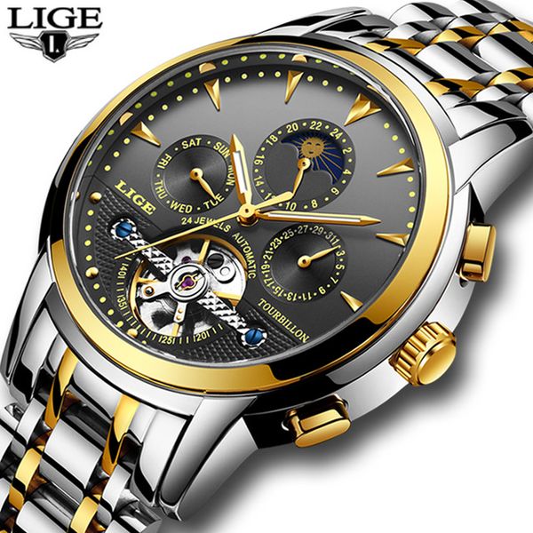 

mens watches lige men's automatic mechanical watch men's fashion business waterproof watch relogio masculino, Slivery;brown