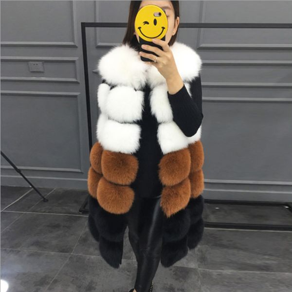 

lady female fashion 7 section color faux fur vest sleeveless jacket waist coat winter warm long fox fur vest jacket gilet for women, Black;white