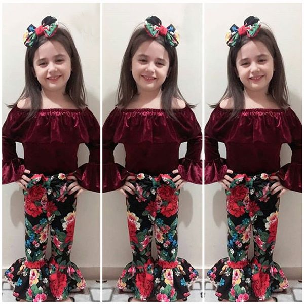 

fashion 2018 baby girls clothing set kids girl velvet off shoulder long sleeve t-shirt + floral flare pants boutique girls suit 1-5t, White