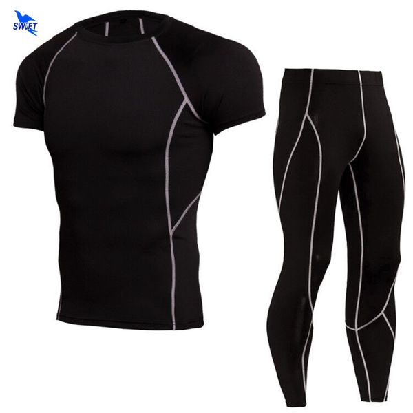 

2pcs/set compression quick dry tights tracksuit men training fitness short sleeve shirt pants gym running set sports suit, Black;blue