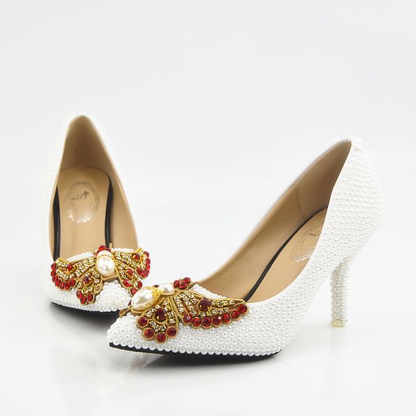 

new beautiful white pearls women pumps pointed toe bowtie crystal wedding shoes handmade lady heels plus size, Black