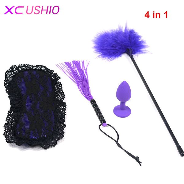Giochi per adulti 4 pezzi / set Feather Tickler Whip Sex Eye Mask Silicone Butt plug anale Fetish Sex Bondage Restraint Sex Toy per coppie S924