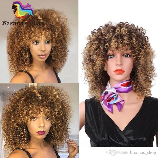 Short Blonde And Brown Afro Kinky Curly Wig Fluffy Wigs For