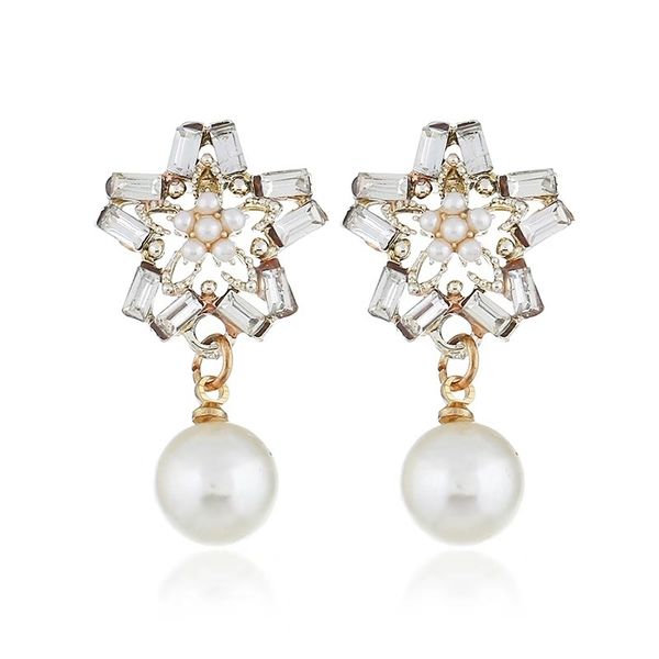 

crystal flower earrings white pearl dangler for women korean style 18k gold plated ear jewelry hipping, Silver