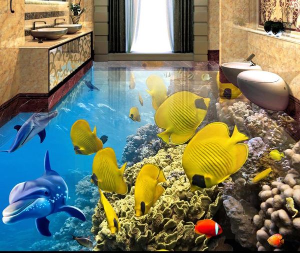 

pvc waterproof floor tropical dolphin underwater world 3d three-dimensional bathroom floor tile floor painting