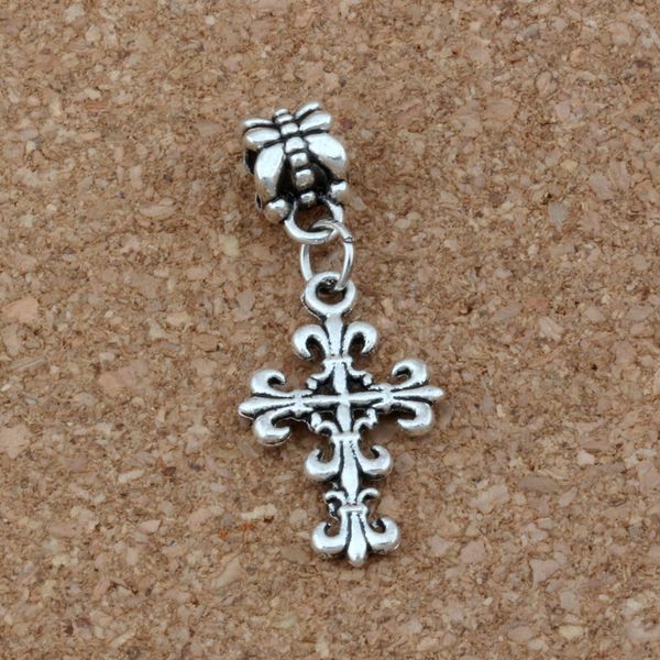 

100pcs/lot dangle ancient silver filigree flower cross charm big hole beads fit european charm bracelet jewelry 14x35mm a-266a, Bronze;silver
