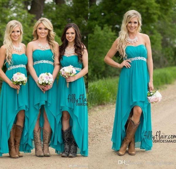 

Modest Teal Turquoise Bridesmaid Dresses 2017 Cheap High Low Country Wedding Guest Gowns Under 100 Beaded Chiffon Junior Plus Size Maternity