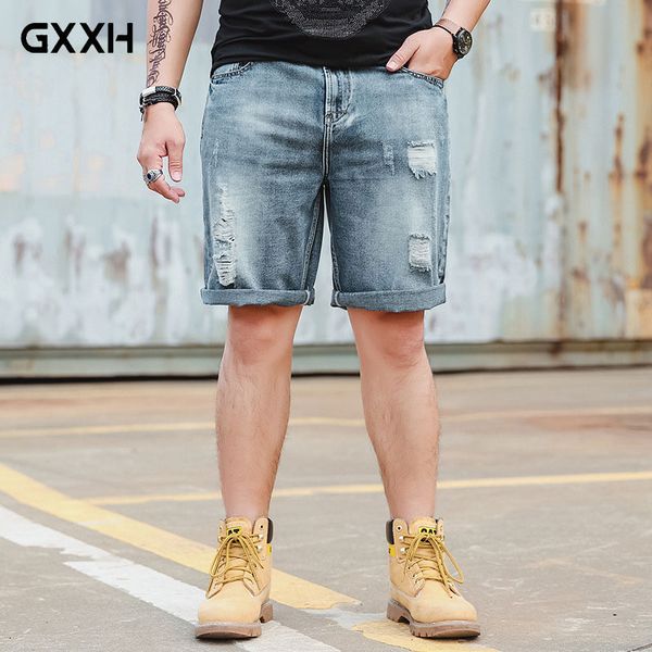 

gxxh large size men's denim five pants hole no bullets to do the old retro denim pants spring and autumn men's jeans size 6xl, White;black