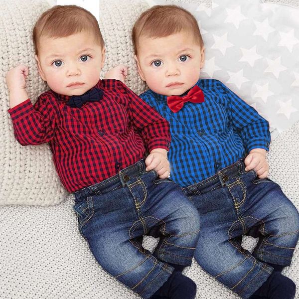 

2pcs baby rompers boys long sleeve grid romper t-shirt +demin pants kids casual clothing sets, White