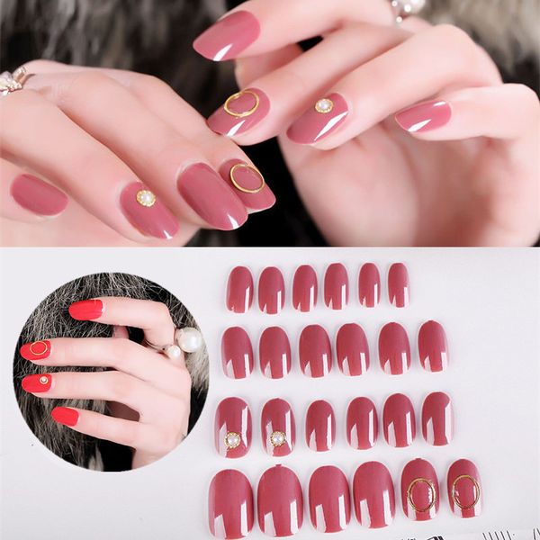 

24pcs/set short false nails round head solid color fake nail full cover artificial wear nails art with diamond hollow circle, Red;gold